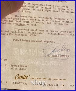 1970 Peter Canlis Autograph Letter Waikiki Hotel Honolulu Spencercliff Catering