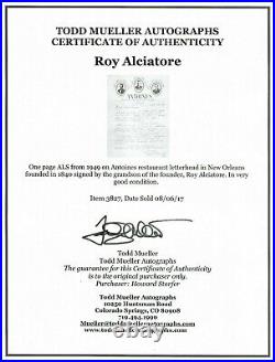 Birthplace of Oysters Rockefeller Antoines Letter By Roy Alciatore Mueller COA