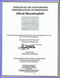 RARE Alfred Bloomingdale Hand Signed Vintage Album Page COA