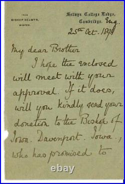RARE Selwyn College Lodge Bishop Selwyn Hand Written 2Pg Letter Dated 1894 COA