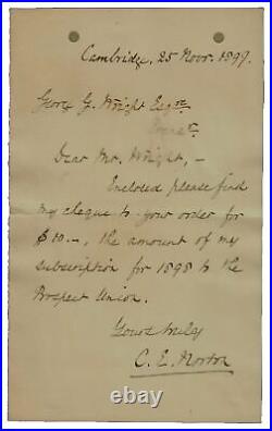 Social Reformer Charles Eliot Norton Hand Written Letter Dated 1897 COA