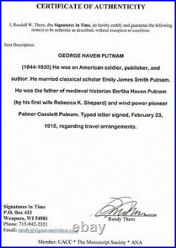 Talk Show Host George Putnam Signed TLS Dated 1915 Authenticated